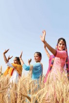 فتيات تؤدين رقصة البنجاب الشعبية Bhangra في حقل قمح في ضواحي أمريتسار، قبل مهرجان الحصاد في بايساخي. ا ف ب