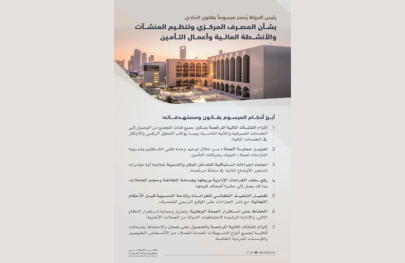 رئيس الدولة يُصدر مرسوماً بقانون اتحادي بشأن المصرف المركزي وتنظيم المنشآت والأنشطة المالية وأعمال التأمين 