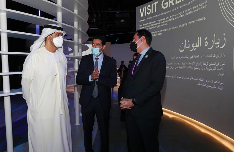 سلطان الجابر يزور جناح اليونان في إكسبو 2020 دبي ويطلع على الابتكارات ويناقش الفرص الاقتصادية والتنموية