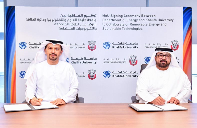 دائرة الطاقة في أبوظبي توقع مذكرة تفاهم مع جامعة خليفة  للعلوم والتكنولوجيا في مجال الطاقة المتجددة وتكنولوجيا الاستدامة