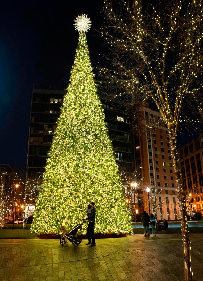 أشخاص يمرون أمام شجرة عيد الميلاد في وسط مدينة واشنطن العاصمة. ا ف ب