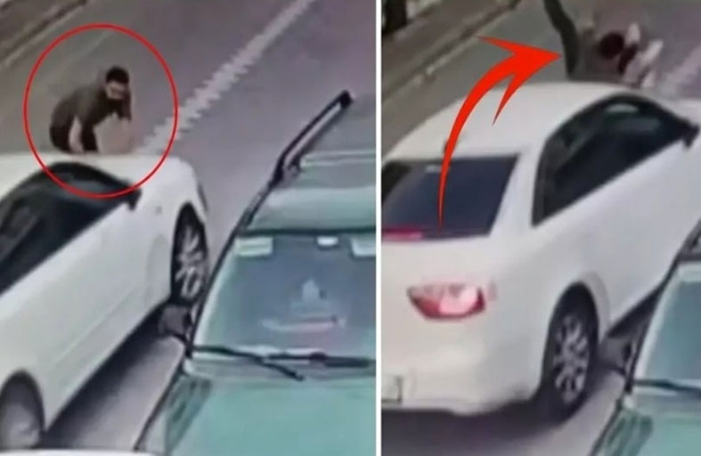 يلقي نفسه أمام سيارة لإنقاذ ابنه 