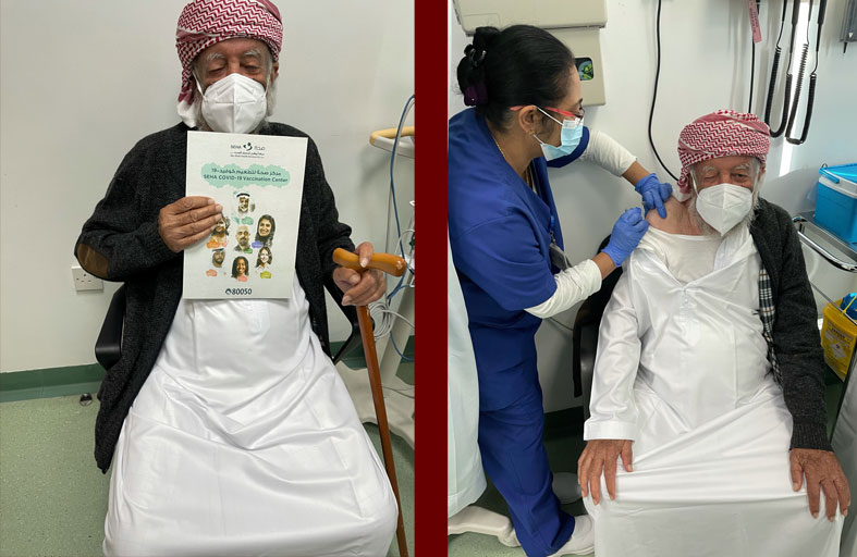 مواطن يبلغ من العمر 97 عاماً يتلقى الجرعة الأولى من لقاح كوفيد 19 في أحد المراكز التابعة لشركة «صحة»
