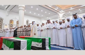 حاكم عجمان وولي عهده يؤديان صلاة الجنازة على جثماني شهيدي الوطن ناصر البلوشي وعبد العزيز الطنيجي