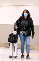امرأة تحمل كلبها وترتدي الكمامة وهي تمشي عبر المبنى رقم 3 ، في مطار بيرسون بالقرب من تورنتو، أونتاريو، كندا. رويترز